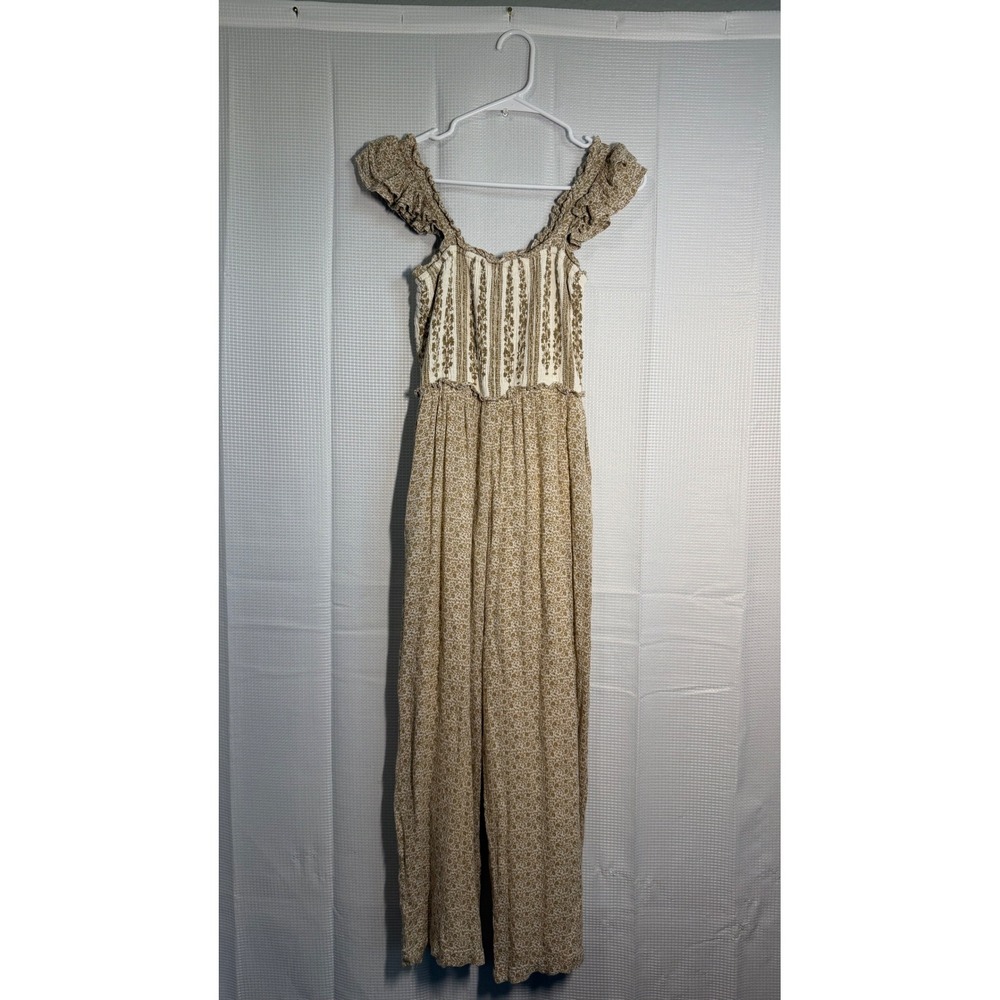 Beige Floral Jumpsuit with Ruffled Straps